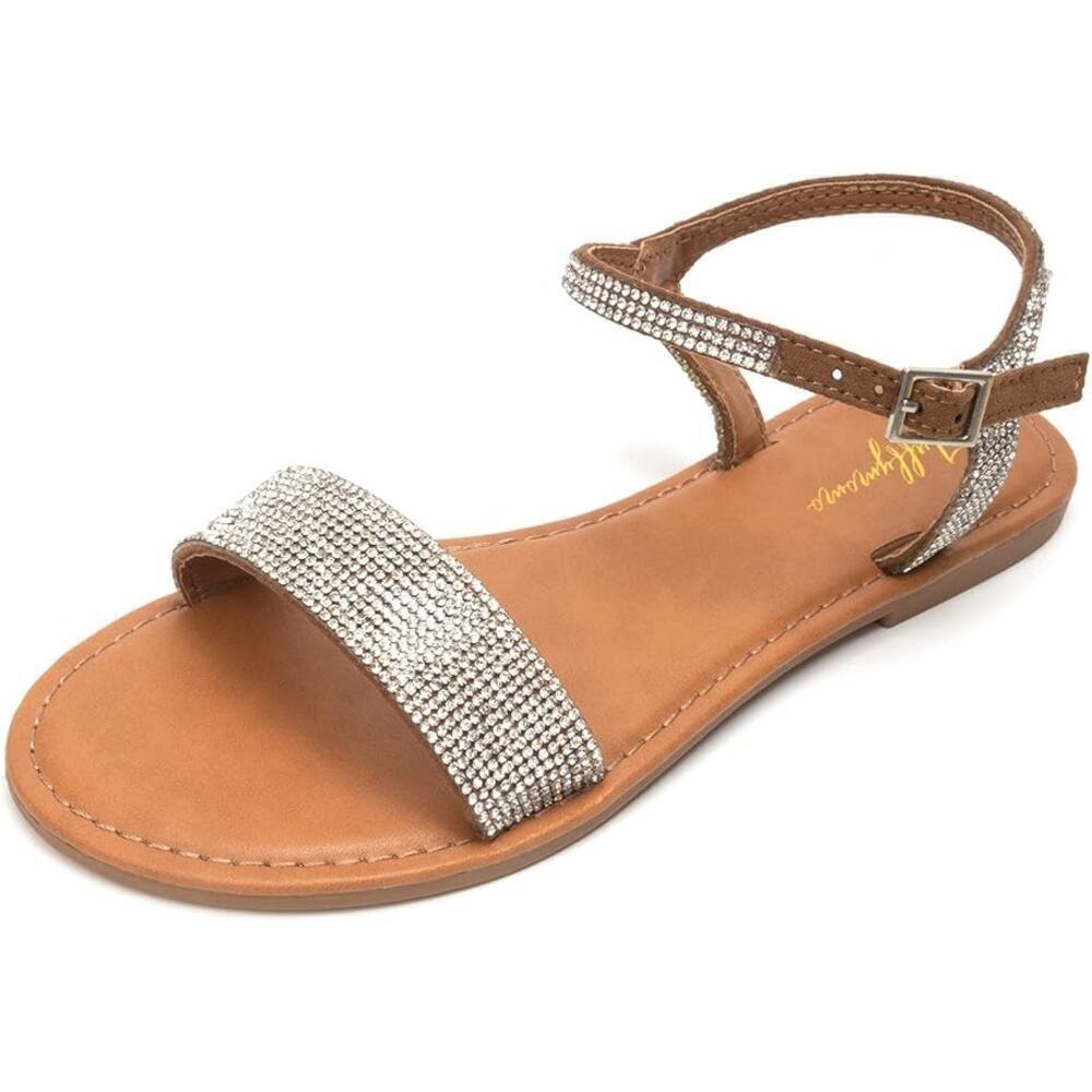 Luffymomo Rhinestone Women's Ankle Strap Sandals Flats Elastic Comfort SZ 8